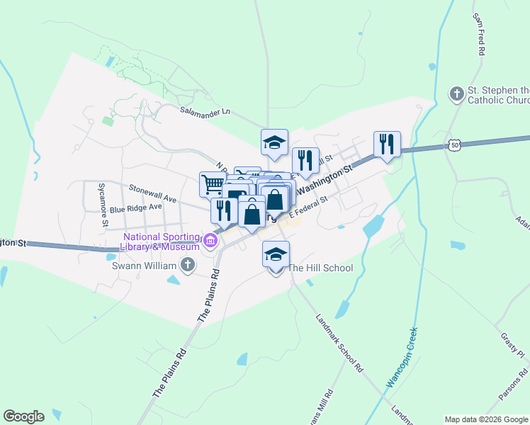 map of restaurants, bars, coffee shops, grocery stores, and more near 3 West Washington Street in Middleburg