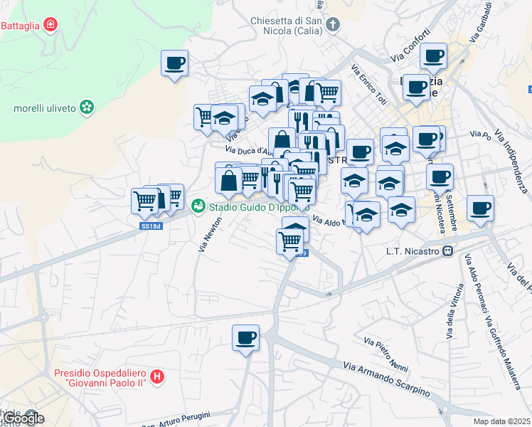 map of restaurants, bars, coffee shops, grocery stores, and more near 110 Traversa II Via Guglielmo Marconi in Lamezia Terme