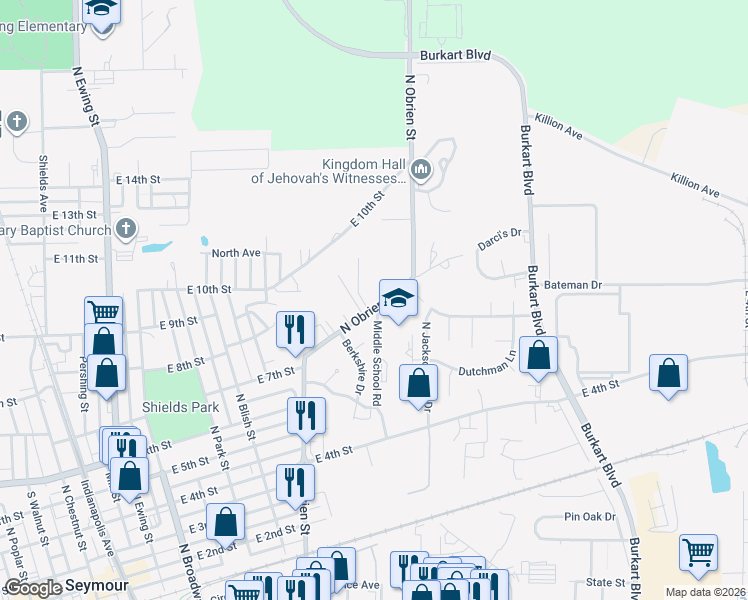 map of restaurants, bars, coffee shops, grocery stores, and more near 913 North Obrien Street in Seymour