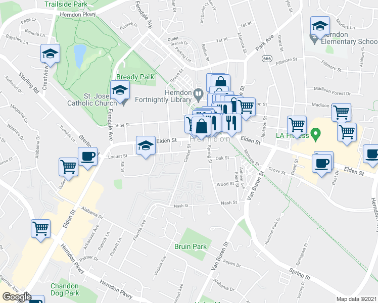 map of restaurants, bars, coffee shops, grocery stores, and more near Center Street in Herndon