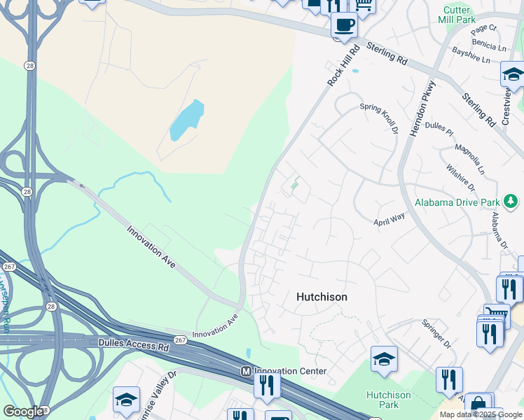 map of restaurants, bars, coffee shops, grocery stores, and more near 2171 Rock Hill Road in Herndon