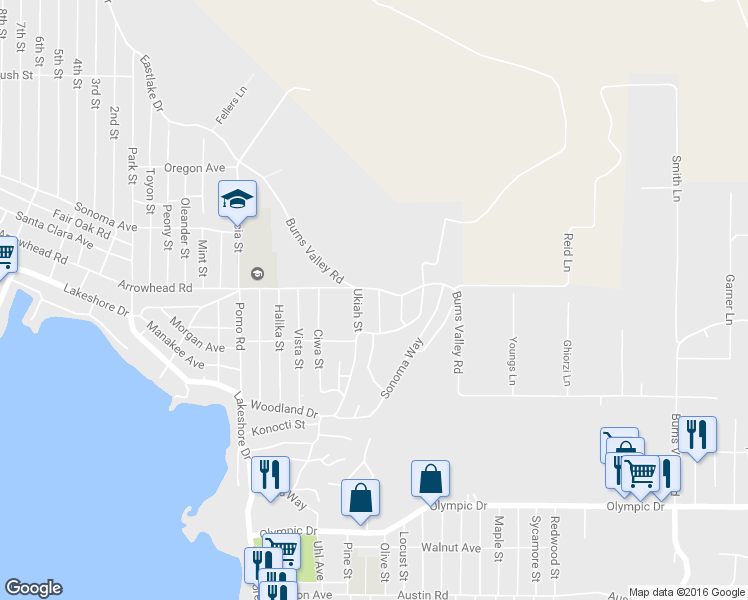 map of restaurants, bars, coffee shops, grocery stores, and more near 3519 Covelo Street in Clearlake