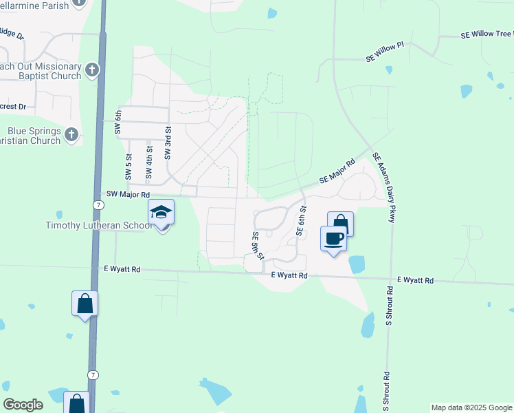 map of restaurants, bars, coffee shops, grocery stores, and more near 505 Southeast Linden Drive in Blue Springs