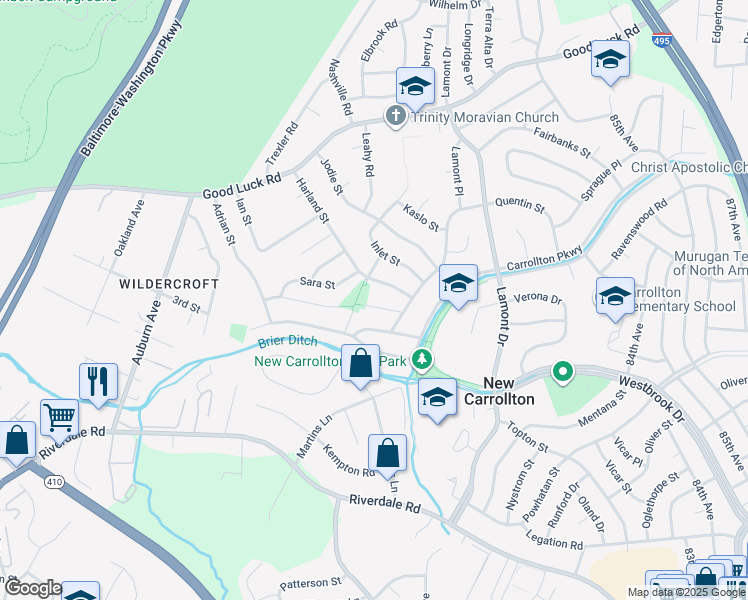 map of restaurants, bars, coffee shops, grocery stores, and more near 8118 Gavin Street in New Carrollton