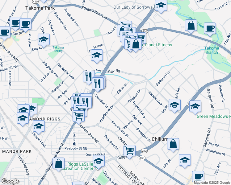 map of restaurants, bars, coffee shops, grocery stores, and more near 6412 Elliott Place in Hyattsville