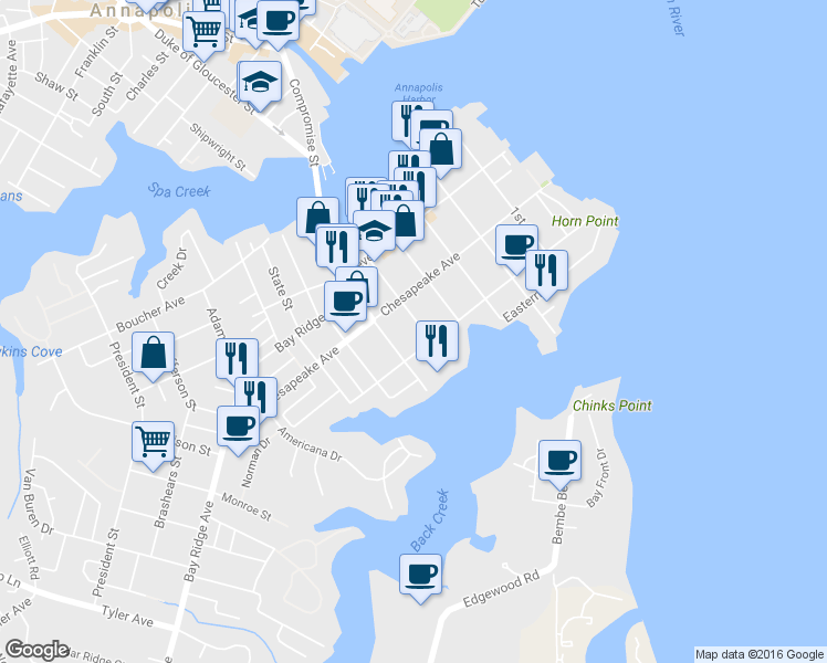 map of restaurants, bars, coffee shops, grocery stores, and more near 524 5th Street in Annapolis