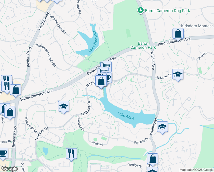 map of restaurants, bars, coffee shops, grocery stores, and more near 1641 Washington Plaza North in Reston