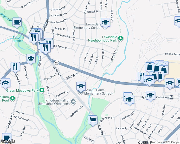 map of restaurants, bars, coffee shops, grocery stores, and more near 2409 Sheridan Street in Hyattsville