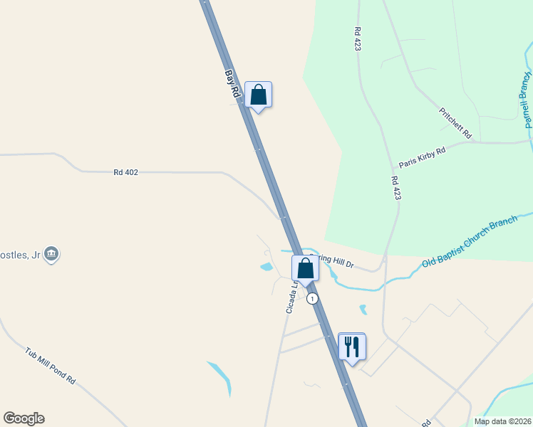 map of restaurants, bars, coffee shops, grocery stores, and more near 1046 Road 402 in Milford