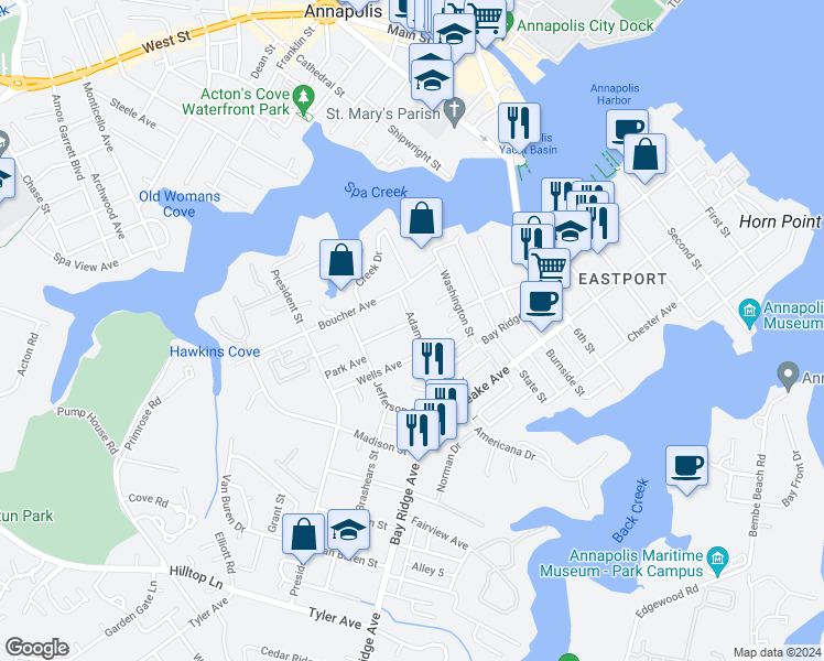 map of restaurants, bars, coffee shops, grocery stores, and more near 322 Adams Street in Annapolis