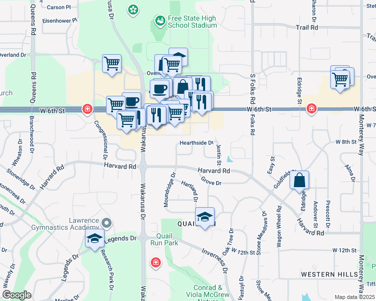 map of restaurants, bars, coffee shops, grocery stores, and more near 4704 Moundridge Court in Lawrence