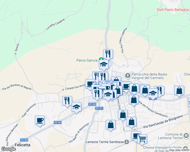 map of restaurants, bars, coffee shops, grocery stores, and more near 11 Corso Vittorio Emanuele in Lamezia Terme