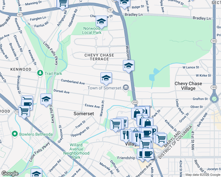 map of restaurants, bars, coffee shops, grocery stores, and more near 5811 Warwick Place in Chevy Chase