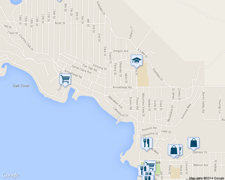 map of restaurants, bars, coffee shops, grocery stores, and more near 13685 Manakee Avenue in Clearlake