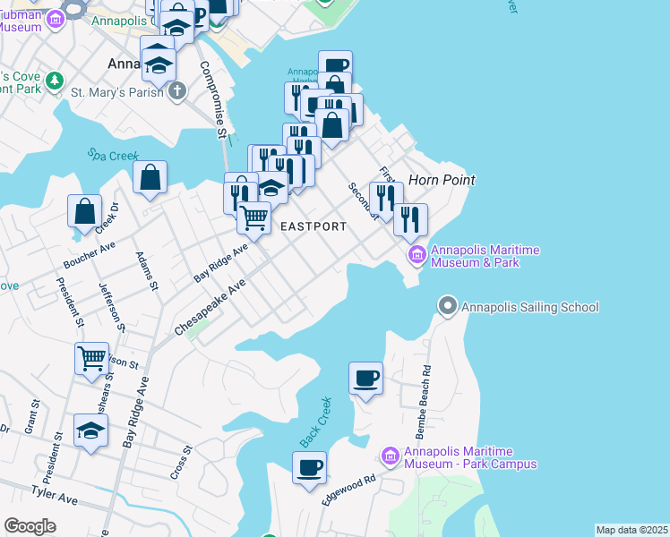 map of restaurants, bars, coffee shops, grocery stores, and more near 409 Chester Avenue in Annapolis