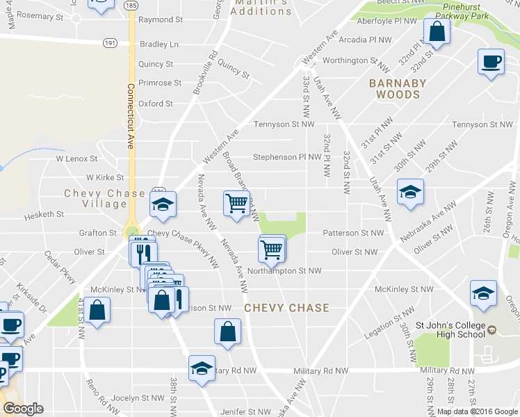 map of restaurants, bars, coffee shops, grocery stores, and more near 3355 Quesada St NW in Washington