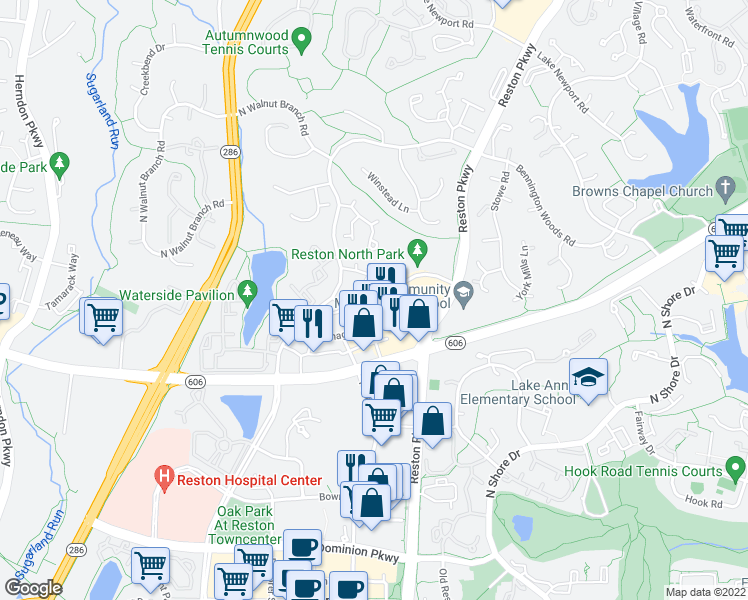 map of restaurants, bars, coffee shops, grocery stores, and more near 11920 Redtree Way in Reston