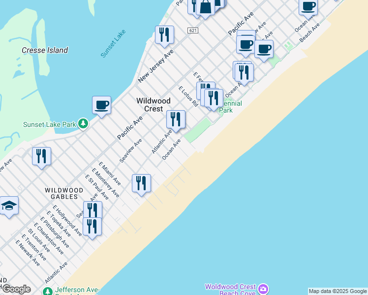 map of restaurants, bars, coffee shops, grocery stores, and more near 515 East Orchid Road in Wildwood Crest
