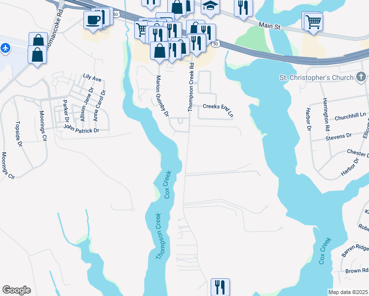 map of restaurants, bars, coffee shops, grocery stores, and more near 720 Thompson Creek Road in Stevensville