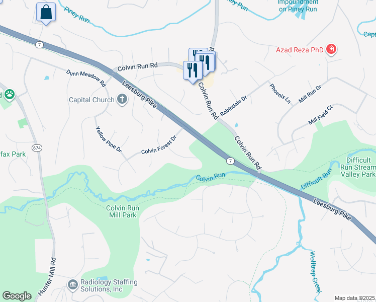 map of restaurants, bars, coffee shops, grocery stores, and more near 10106 Mill Wheel Lane in Vienna
