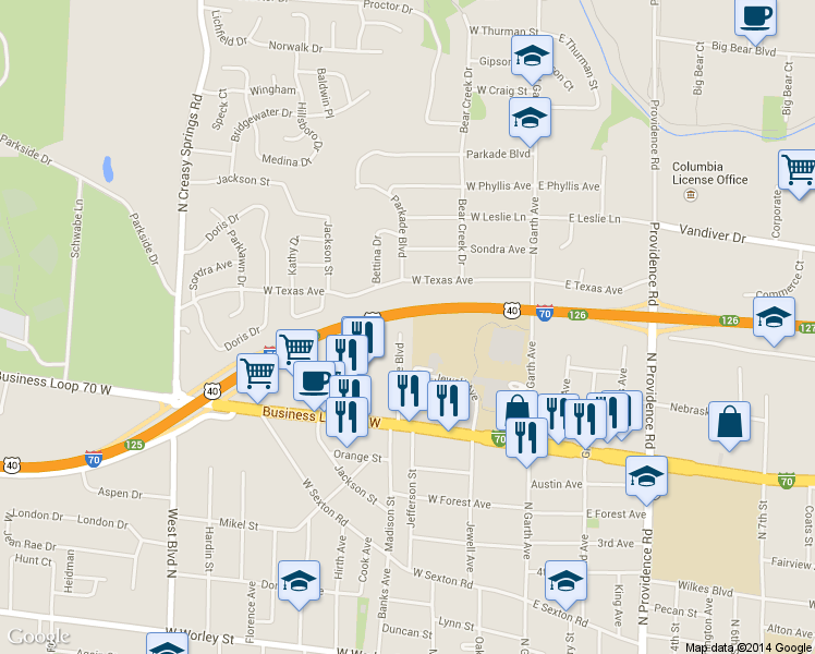 map of restaurants, bars, coffee shops, grocery stores, and more near 1502 Parkade Boulevard in Columbia