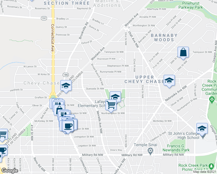 map of restaurants, bars, coffee shops, grocery stores, and more near 3347 Quesada Street Northwest in Washington