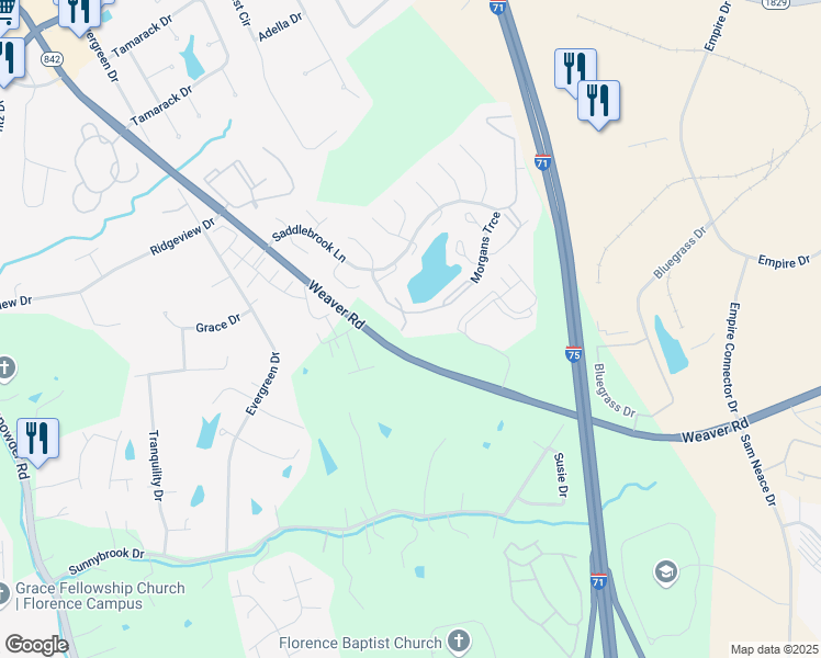 map of restaurants, bars, coffee shops, grocery stores, and more near 905 Dapple Grey Drive in Florence