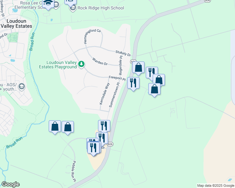 map of restaurants, bars, coffee shops, grocery stores, and more near 23388 Summerstown Place in Sterling