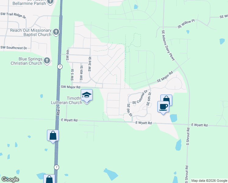 map of restaurants, bars, coffee shops, grocery stores, and more near 26416-27800 East Wyatt Road in Blue Springs
