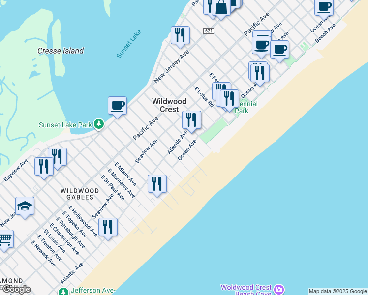map of restaurants, bars, coffee shops, grocery stores, and more near 415 East Stockton Road in Wildwood