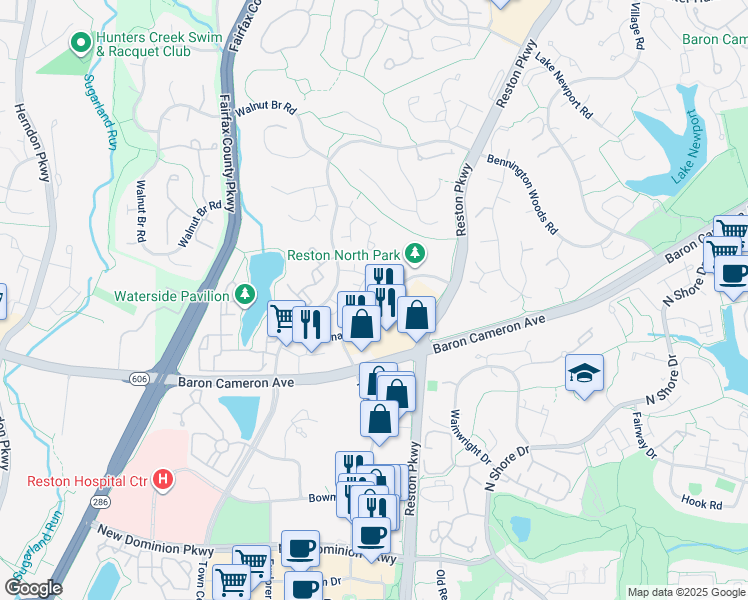 map of restaurants, bars, coffee shops, grocery stores, and more near 11922 Redtree Way in Reston