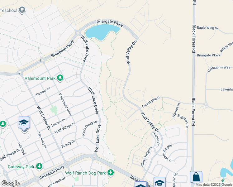 map of restaurants, bars, coffee shops, grocery stores, and more near Wolf Lake Drive in Colorado Springs