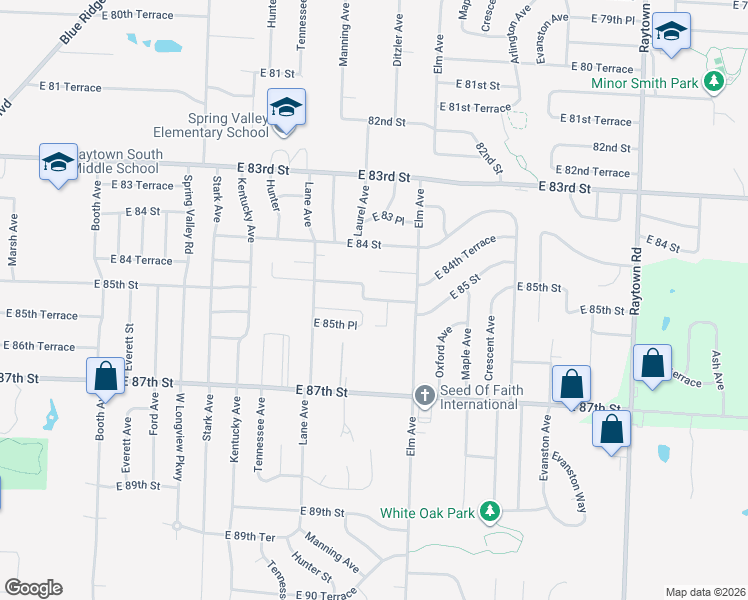 map of restaurants, bars, coffee shops, grocery stores, and more near 9121 East 85 Street in Raytown