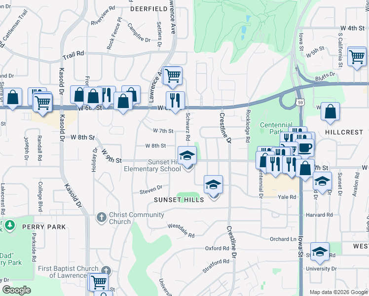 map of restaurants, bars, coffee shops, grocery stores, and more near 810 Wellington Road in Lawrence
