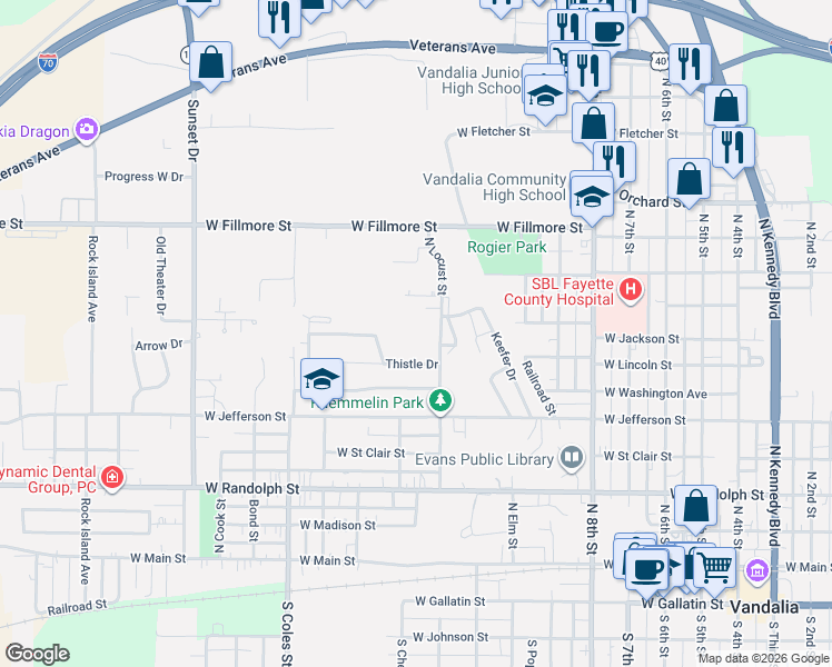 map of restaurants, bars, coffee shops, grocery stores, and more near 707 North Locust Street in Vandalia