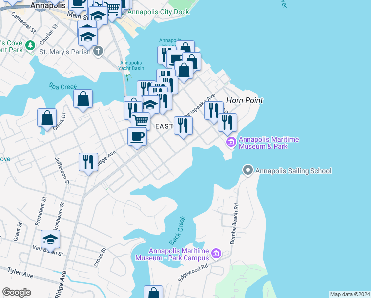 map of restaurants, bars, coffee shops, grocery stores, and more near 409 Chester Avenue in Annapolis