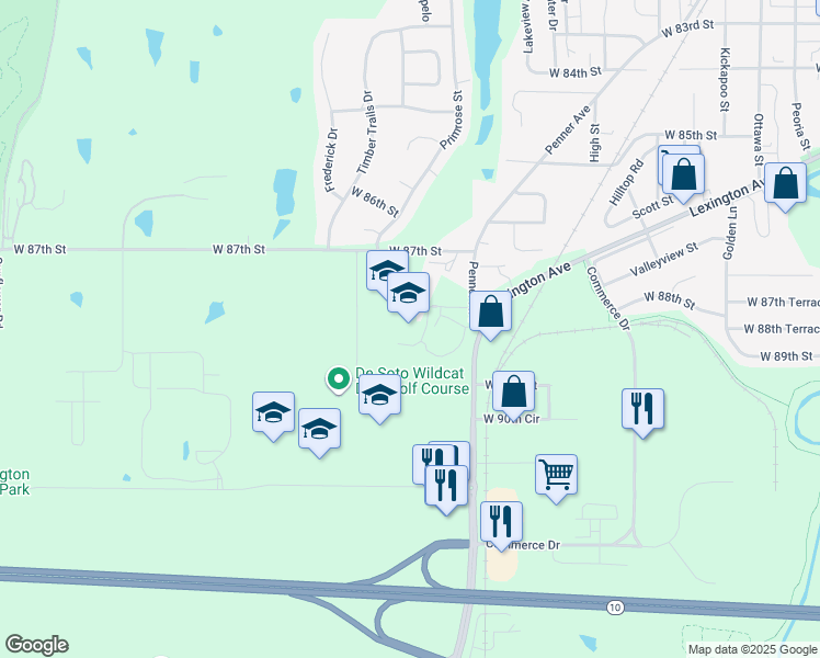 map of restaurants, bars, coffee shops, grocery stores, and more near 8800 Penner Avenue in De Soto