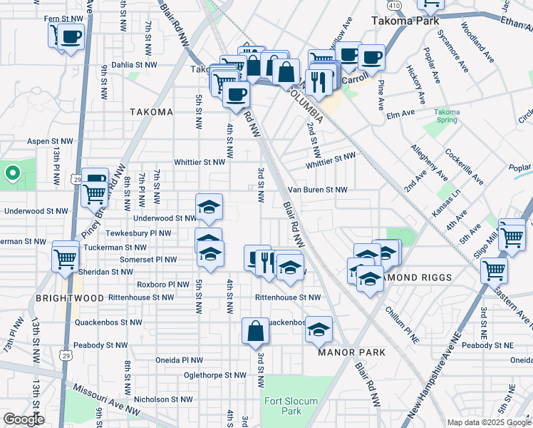 map of restaurants, bars, coffee shops, grocery stores, and more near 6501 3rd Street Northwest in Washington