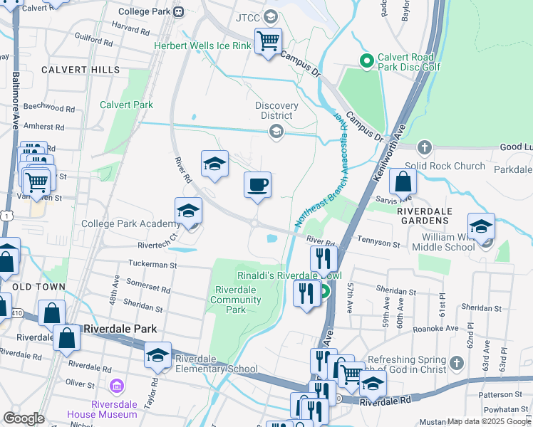 map of restaurants, bars, coffee shops, grocery stores, and more near 5801 University Research Court in Riverdale Park