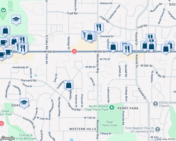 map of restaurants, bars, coffee shops, grocery stores, and more near 905 Alma Drive in Lawrence