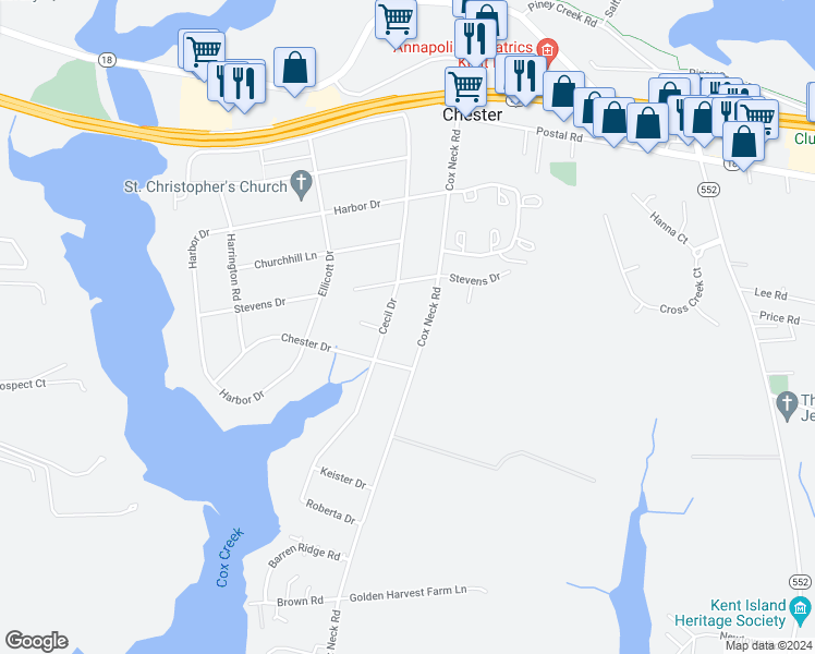 map of restaurants, bars, coffee shops, grocery stores, and more near 2641 Cox Neck Road in Chester