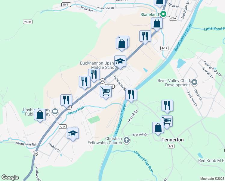 map of restaurants, bars, coffee shops, grocery stores, and more near 59 Thelma Avenue in Buckhannon