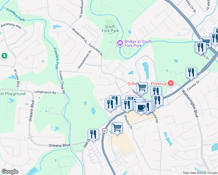map of restaurants, bars, coffee shops, grocery stores, and more near 12 Barnwood Court in Florence