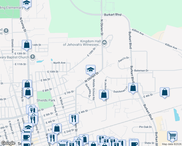 map of restaurants, bars, coffee shops, grocery stores, and more near 913 North Obrien Street in Seymour