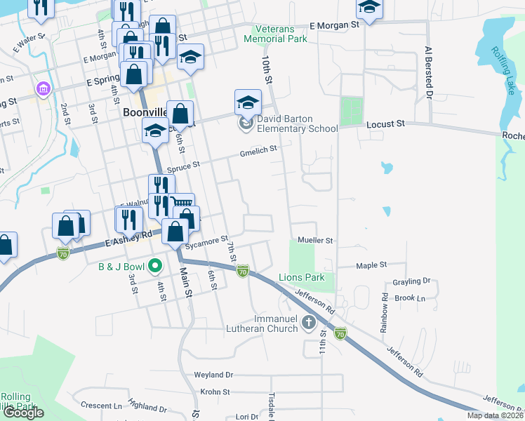 map of restaurants, bars, coffee shops, grocery stores, and more near 812 Christus Drive in Boonville