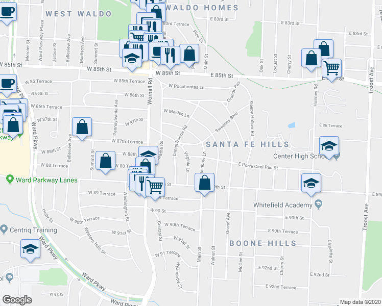 map of restaurants, bars, coffee shops, grocery stores, and more near 8801 Virginia Lane in Kansas City