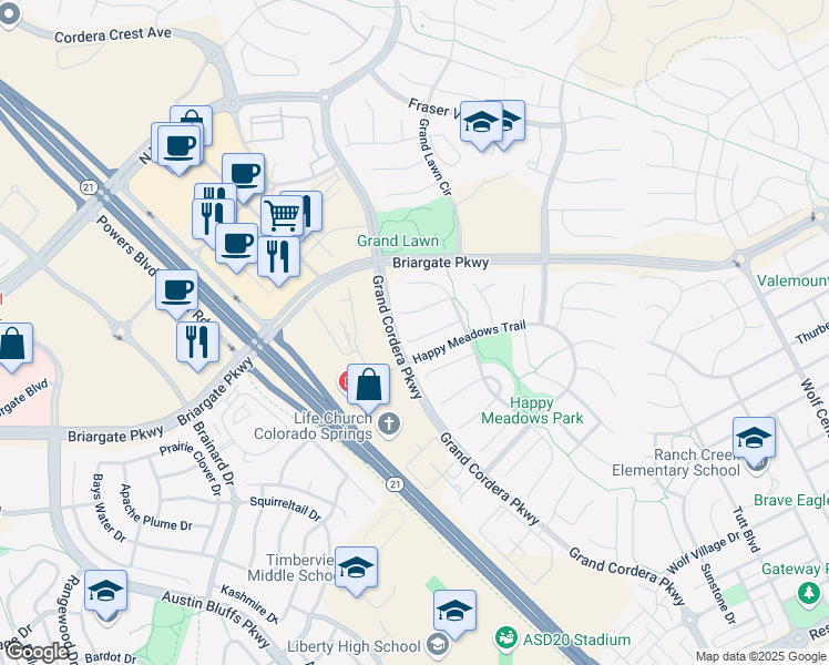 map of restaurants, bars, coffee shops, grocery stores, and more near 4822 Preachers Hollow Trail in Colorado Springs