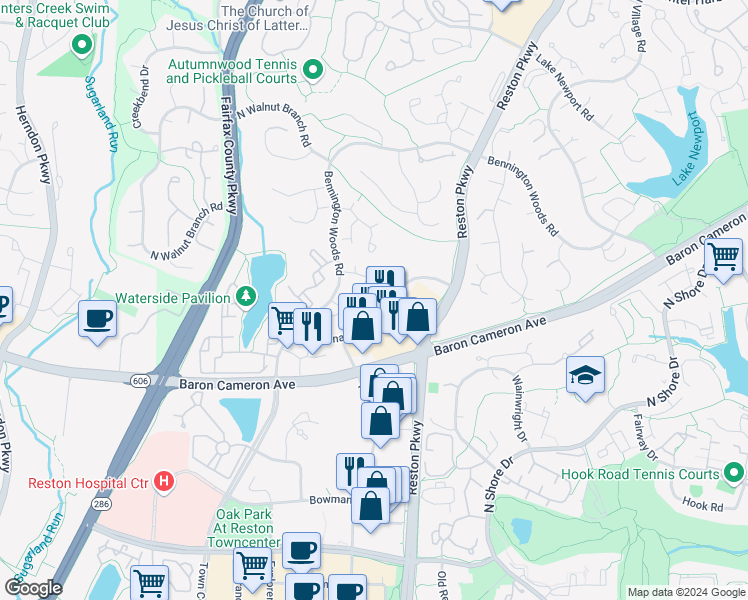 map of restaurants, bars, coffee shops, grocery stores, and more near 11926 Redtree Way in Reston
