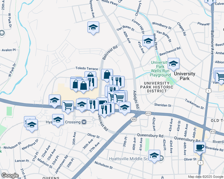 map of restaurants, bars, coffee shops, grocery stores, and more near 6506 America Boulevard in Hyattsville