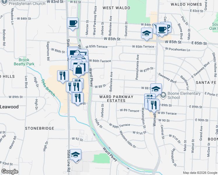 map of restaurants, bars, coffee shops, grocery stores, and more near 8820 Belleview Avenue in Kansas City
